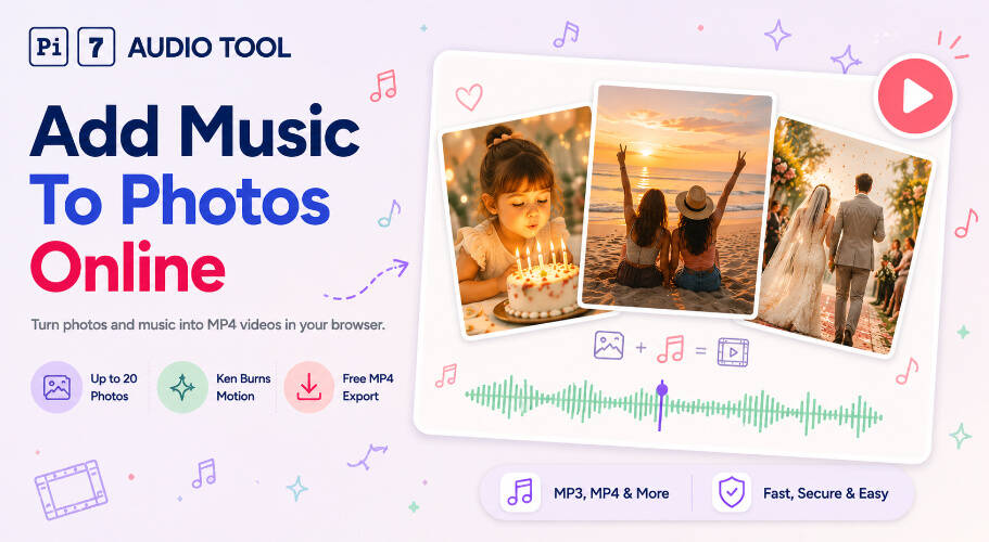 Pi7 Add Music to Photo slideshow maker showing photo strip with music waveform and play button