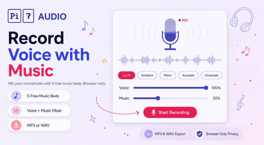 Pi7 Audio Recorder with Background Music interface showing voice and music sliders, music chips, and a live waveform