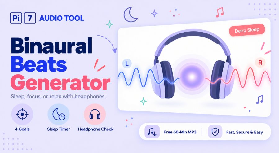 Pi7 binaural beats generator banner showing headphones with a blue left-ear wave and a pink right-ear wave meeting in a glowing orb