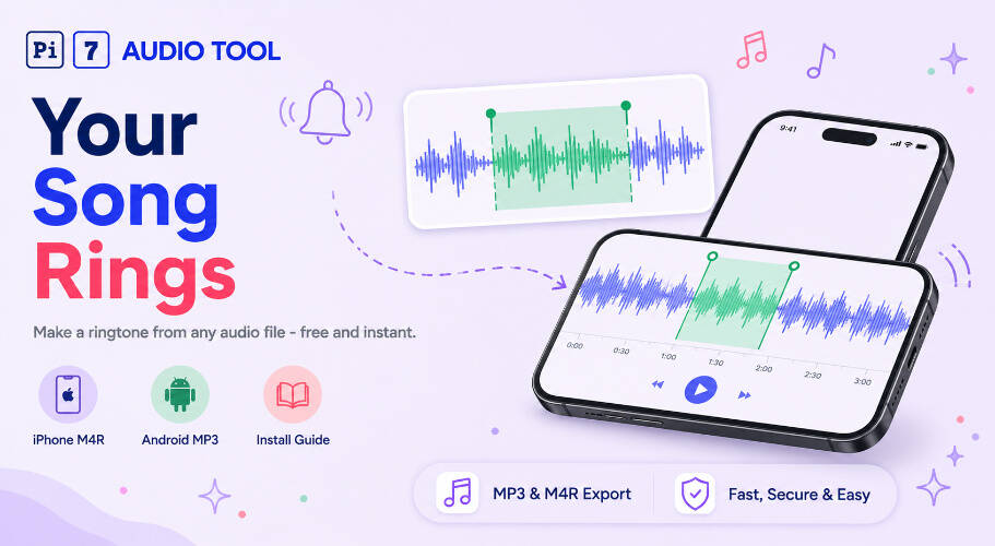 Pi7 ringtone maker showing a phone with waveform and green region selection for iPhone M4R and Android MP3