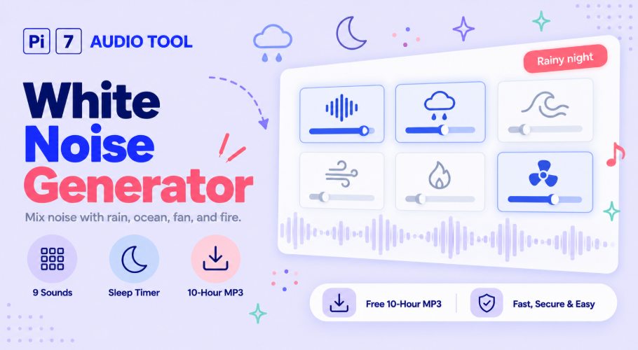 Pi7 white noise generator banner showing sound tiles for noise, rain, ocean, wind, fire, and fan, each with its own volume slider